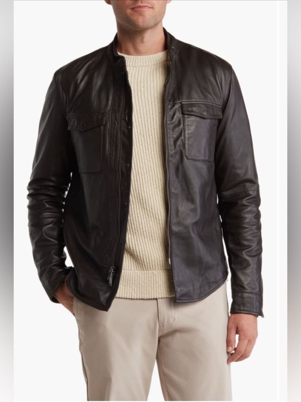 John Varvatos Brown Leather Bomber Jacket - Classic Zip Front